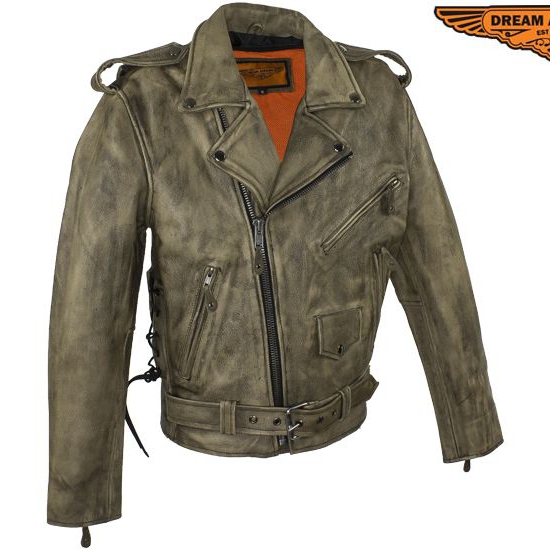 Men's Distressed Brown Leather Motorcycle Jacket with Concealed Carry